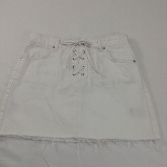 Topshop Denim Mini Skirt White Micro Mini Moto Eye Lace Up Raw Hem Size 6 - Picture 2 of 8